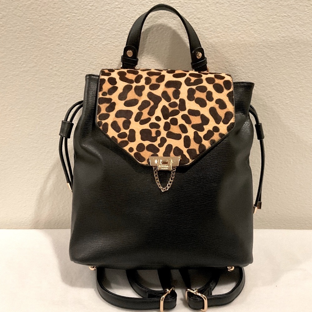 Dune London Black Calf Hair Leather Flap Backpack LIKE NEW CONDITION